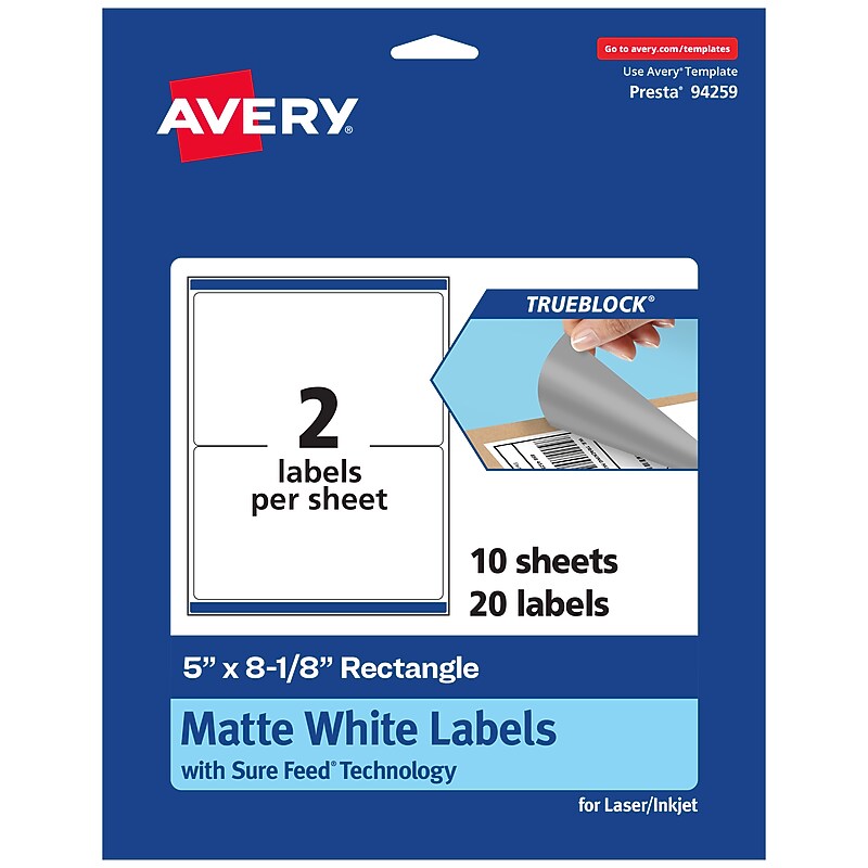 Avery TrueBlock Laser/Inkjet Rectangle Multipurpose Labels, 5" x 8-1/8", White, 20/Pack (94259) image 1