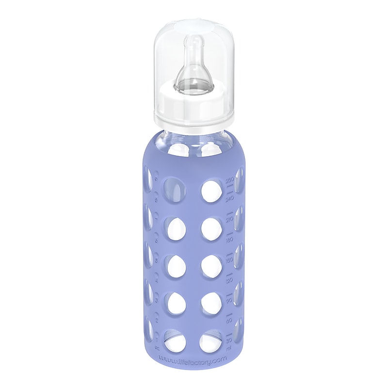 Lifefactory 9 oz. Glass Baby Bottle with Silicone Sleeve, Stage 2 Nipple, Stopper & Cap, Blueberry (LF110020C4) image 1