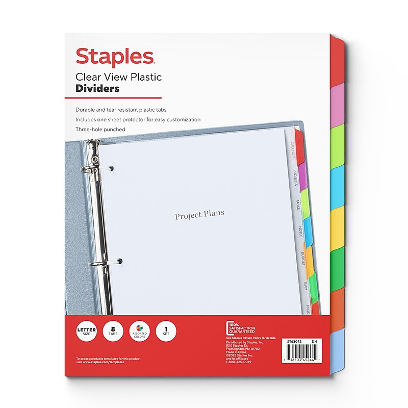 Staples View Plastic Dividers, Multicolor, 8-Tabs (ST63072) image 1