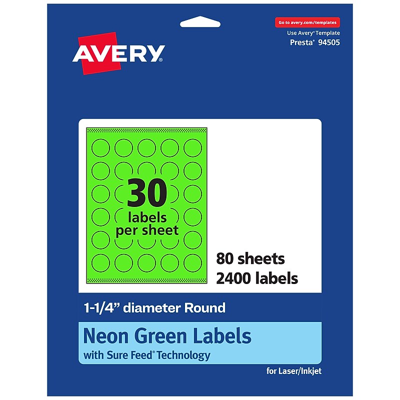 Avery Laser/Inkjet Multipurpose Circle Labels, 1.25" Dia., Neon Green, 2400/Box (94505) image 1