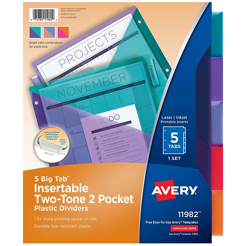 Avery Big Tab Insertable Plastic Dividers with 2 Pockets, 5 Tabs, Two-Tone Multicolor (11982) image 1