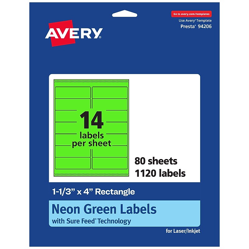 Avery Rectangle Multipurpose Labels, 1-1/3" x 4", Neon Green, 1120/Box (94206) image 1