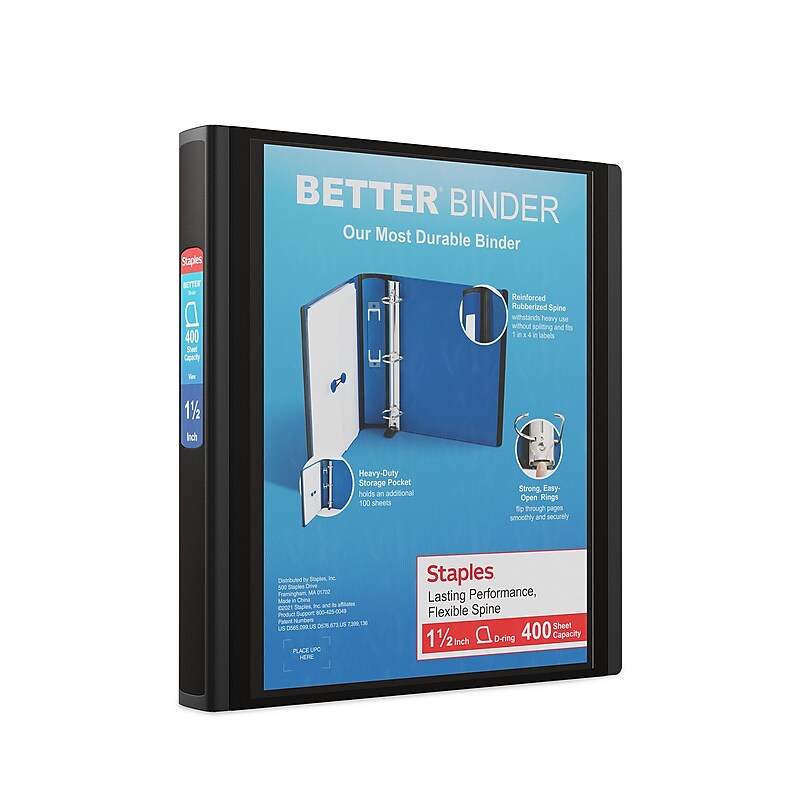 Staples Heavy Duty 1 1/2" 3-Ring Better Binder, D-Ring, Black (ST55854-CC) image 1