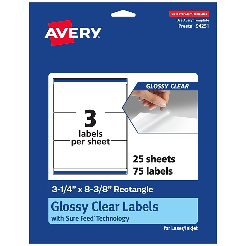 Avery Laser/Inkjet Multipurpose Labels, 8.375" x 3.25", Glossy Clear, 75/Pack (94251) image 1