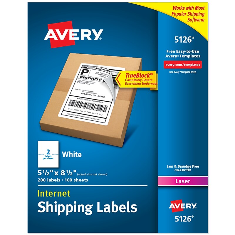 Avery TrueBlock Laser Shipping Labels, 5.5" x 8.5", Matte White, 200 Labels/Box (5126) image 1