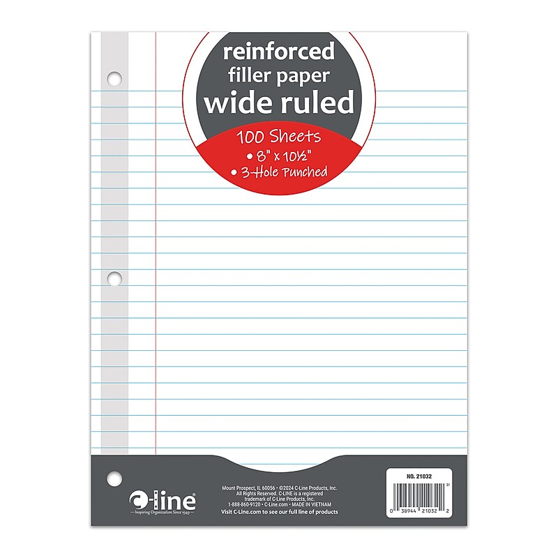 C-Line Reinforced Wide Ruled Filler Paper, 8" x 10.5", 3-Hole Punched, 100 Sheets/Pack, 6/Bundle (CLI21032-6) image 1