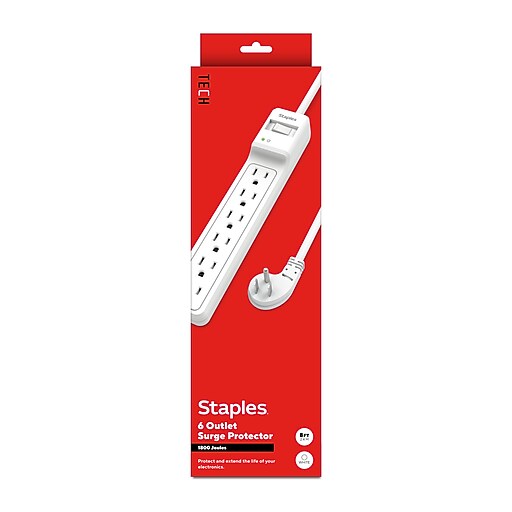 Staples TECH 6-Outlet Surge Protector, 8', 1800 Joules, White