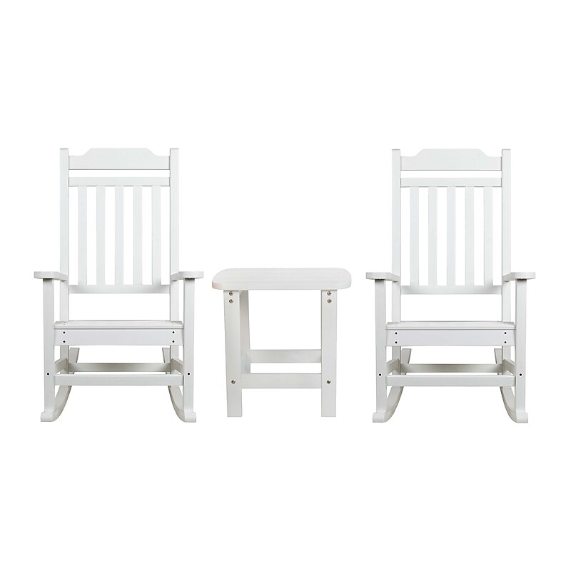 Flash Furniture Winston All-Weather Poly Resin Rocking Chairs with Accent Side Table, White, 3/Set (JJC147032T141WH) image 1