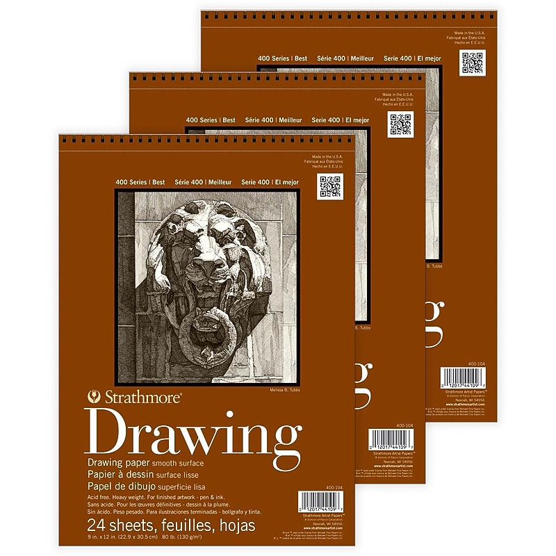 Strathmore 400 Series 9" x 12" Wire Bound Drawing Paper Pad, 24 Sheets/Pad, 3 Pads/Bundle (STTP4001041-3) image 1