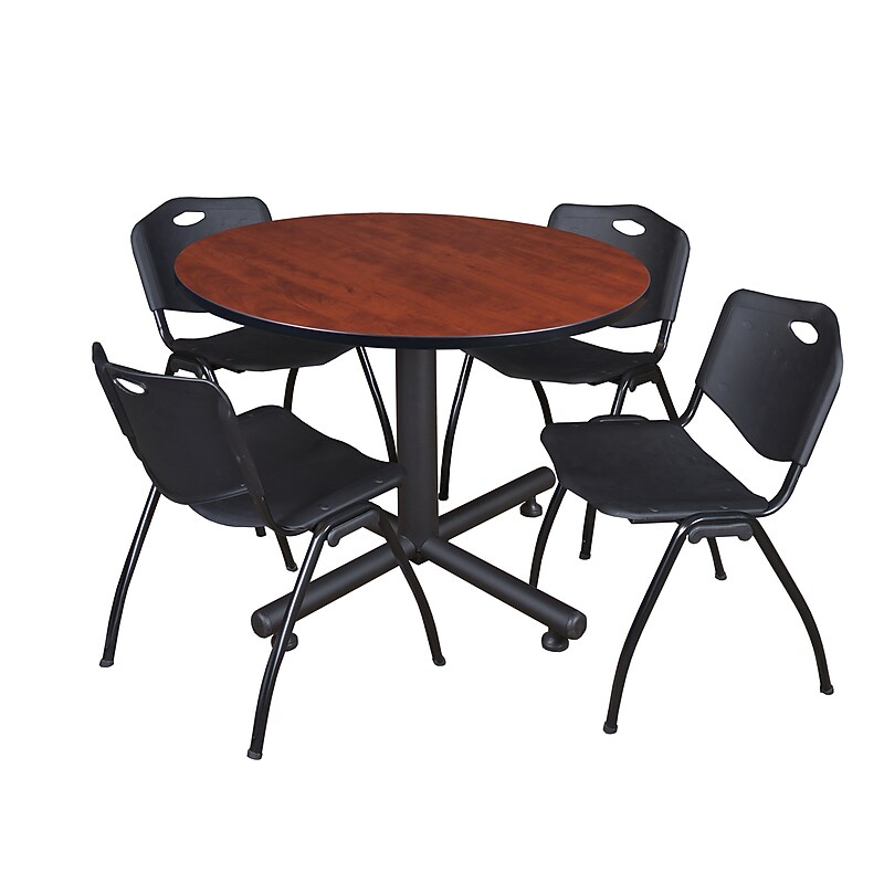 Regency 48" Cherry and Kobe Based Round Table with 4 M Stacker Chairs, Black (TKB48RNDCH47BK) image 1
