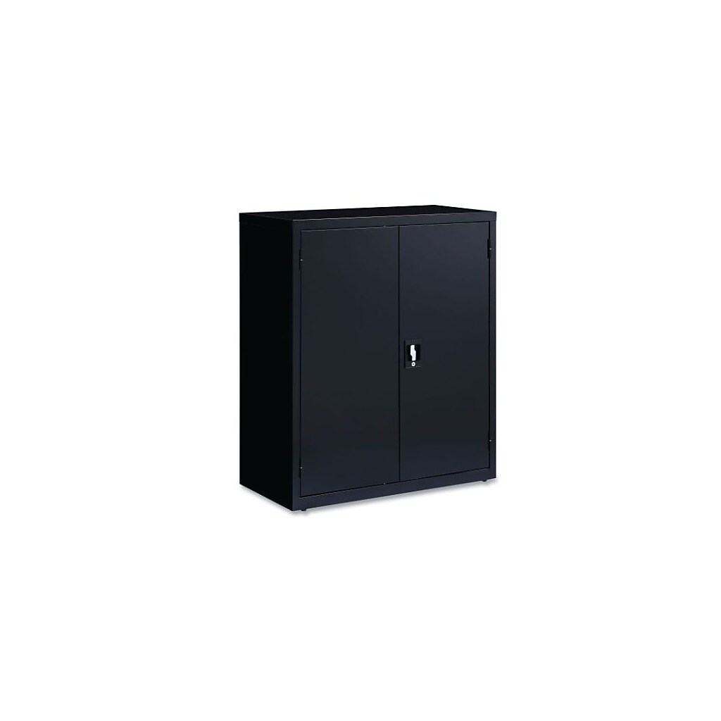 Black metal cabinet shown from a slight angle
