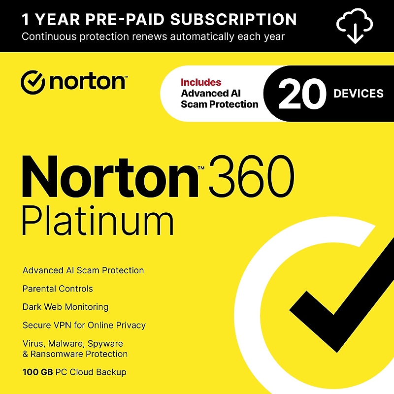 Norton 360 Platinum Antivirus Software for 20 Devices, Windows/Mac/Android/iOS, Download (21390621) image 1
