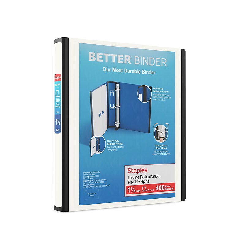 Staples Heavy Duty 1 1/2" 3-Ring Better Binder, D-Ring, White (ST55856-CC) image 1