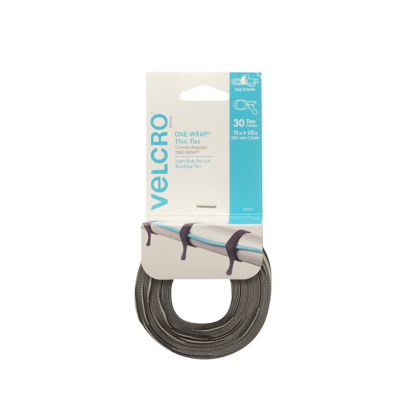 Velcro Brand ONE-WRAP Cable Ties, 1/2" x 15", Reusable Hook & Loop Fastener, Gray, 30/Pack (94257) image 1