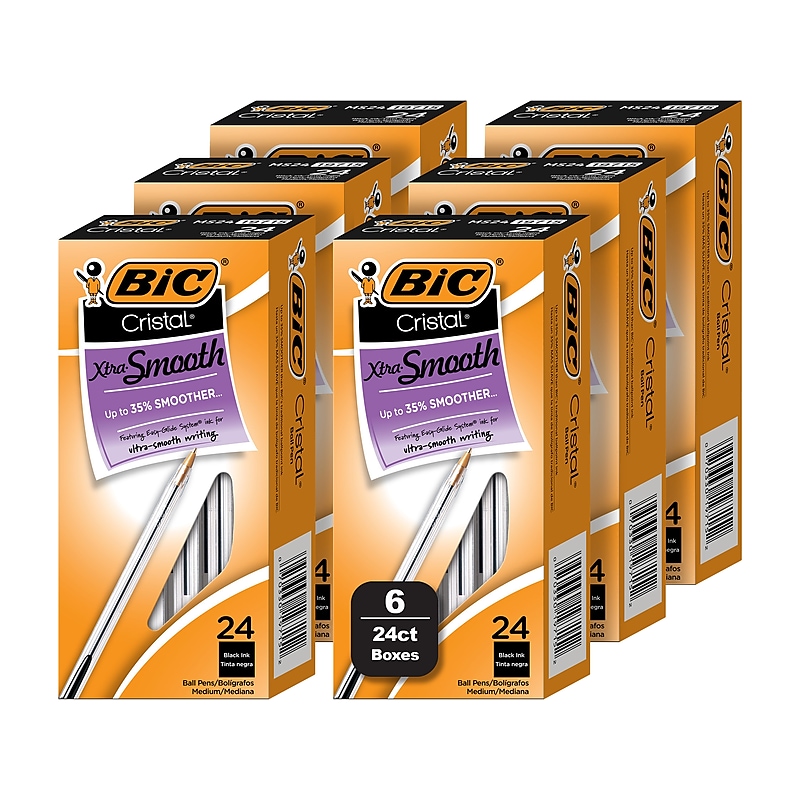 BIC Cristal Xtra Smooth Ballpoint Pen, Medium Point, Black Ink, 24/Box, 6 Boxes/Pack (MS144E-BLK) image 1
