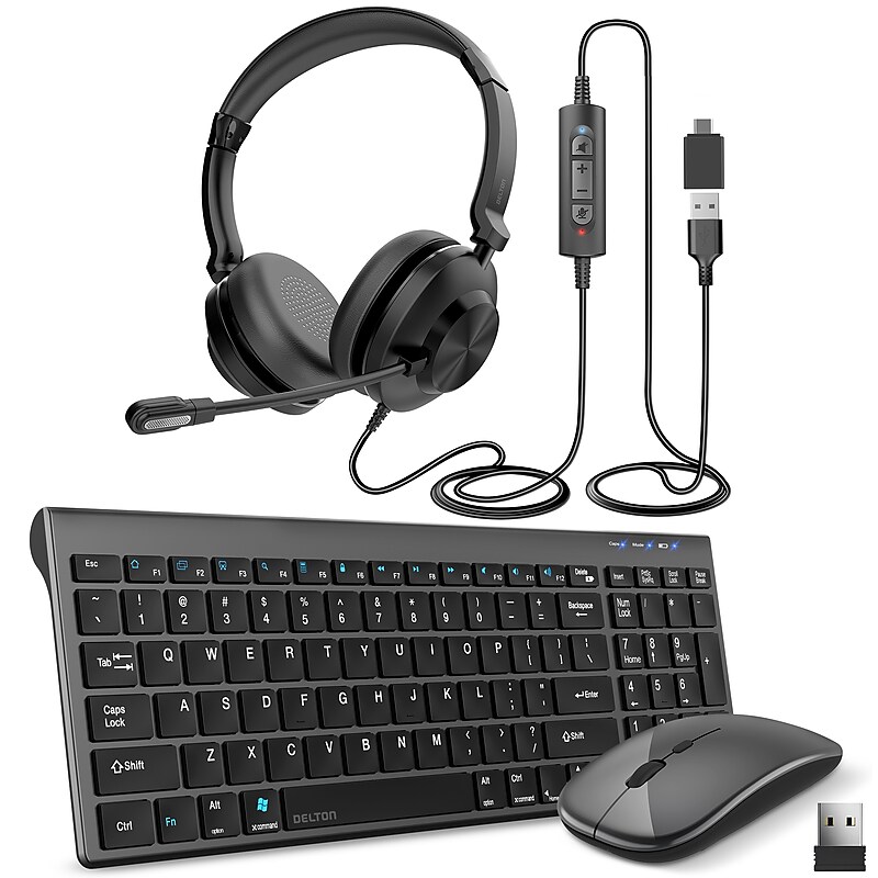 Delton N36 Wireless Keyboard Mouse and USB-A/USB-C Noise-Cancelling Computer Headset Bundle, Black (DKMN36KT1) image 1