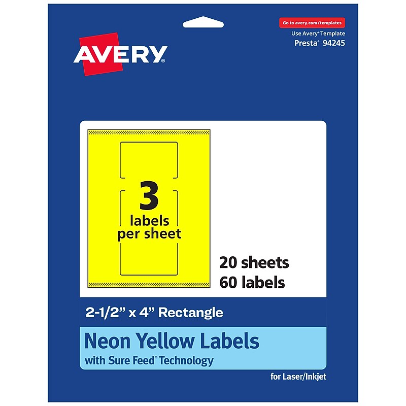 Avery Rectangle Laser/Inkjet Multipurpose Labels, 2.5" x 4", Neon Yellow (60/Pack) image 1