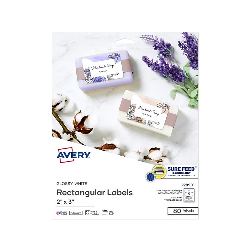 Avery Sure Feed Laser/Inkjet Rectangle Labels, 2" x 3", Glossy White, 80 Labels/Pack (22890) image 1