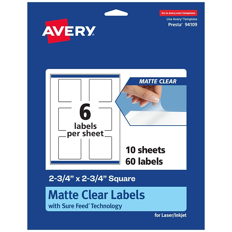 Avery Laser/Inkjet Square Multipurpose Labels, 2-3/4" x 2-3/4", Clear, 60/Pack (94109) image 1