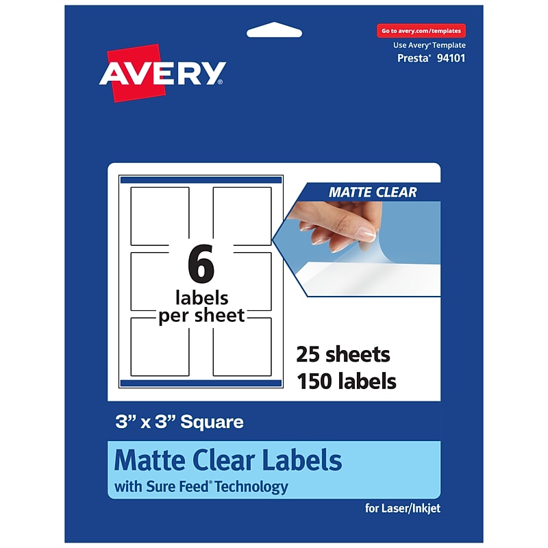 Avery Laser/Inkjet Square Multipurpose Labels, 3" x 3", Clear, 150/Pack (94101) image 1