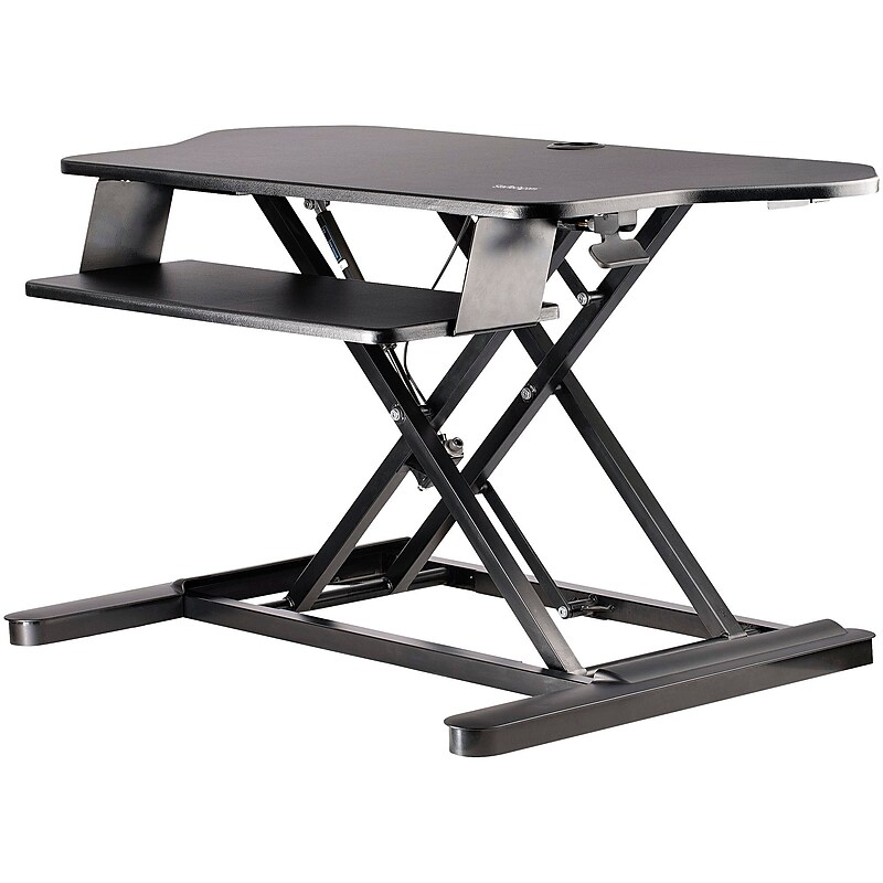 StarTech Adjustable Large Surface Corner Sit Stand Desk Converter for Dual Monitors, Keyboard Tray, 35" x 21" (ARMSTSCORNR) image 1
