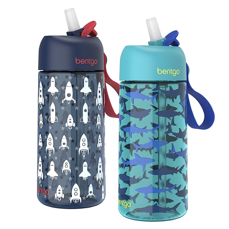 bentgo Plastic Water Bottle, 15 oz., Rocket/Shark, 2/Pack (BGKDWB2-3) image 1