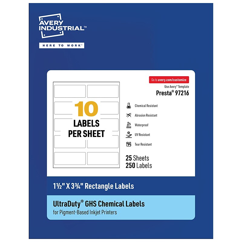 Avery Inkjet UltraDuty GHS Labels, 1-1/2" x 3-3/4", White, 250 Labels/Pack (97216) image 1