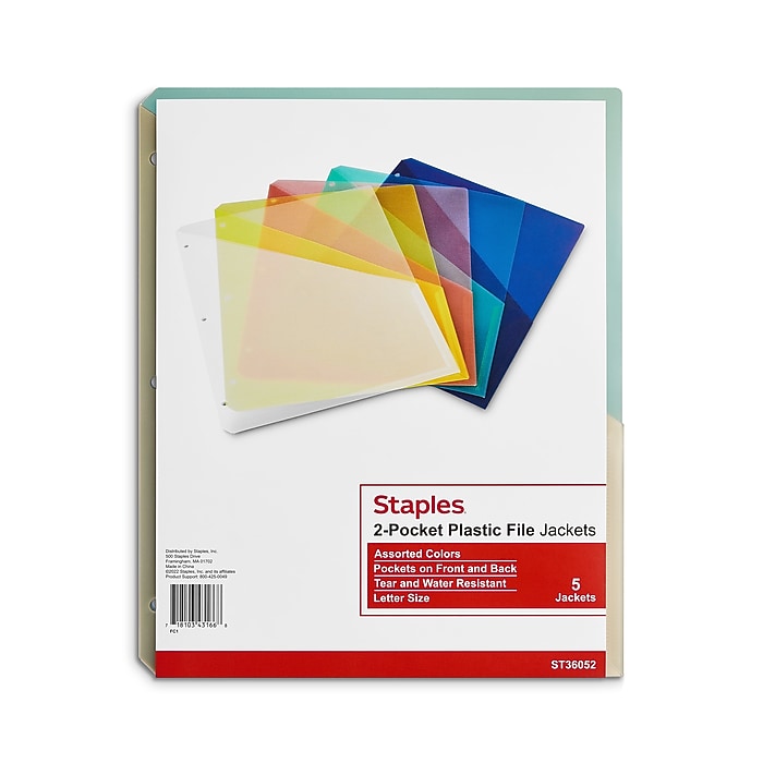 Staples Plastic File Jacket, Letter Size, Assorted, 5/Pack (89505