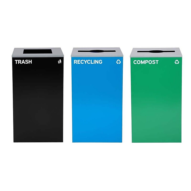 Alpine Steel Recycling, Compost, and Trash Can Set with Square and Mixed Lid, 29 Gallon, Multicolor, 3/Pack (ALP4450-BLK-KIT27) image 1