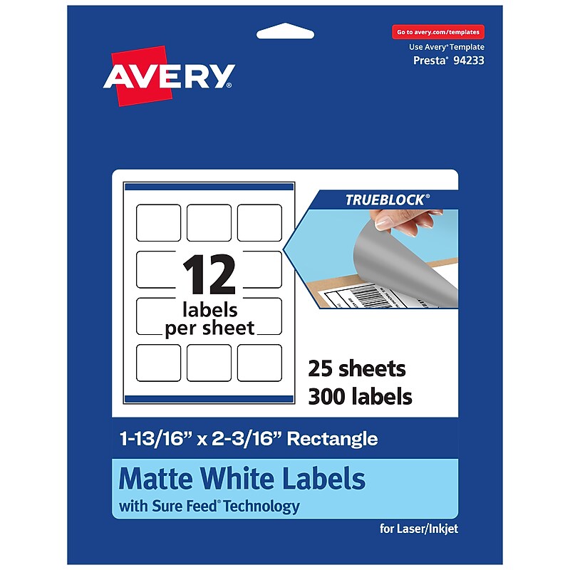 Avery TrueBlock Laser/Inkjet Rectangle Multipurpose Labels, 1-13/16" x 2-3/16", White, 300/Pack (94233) image 1