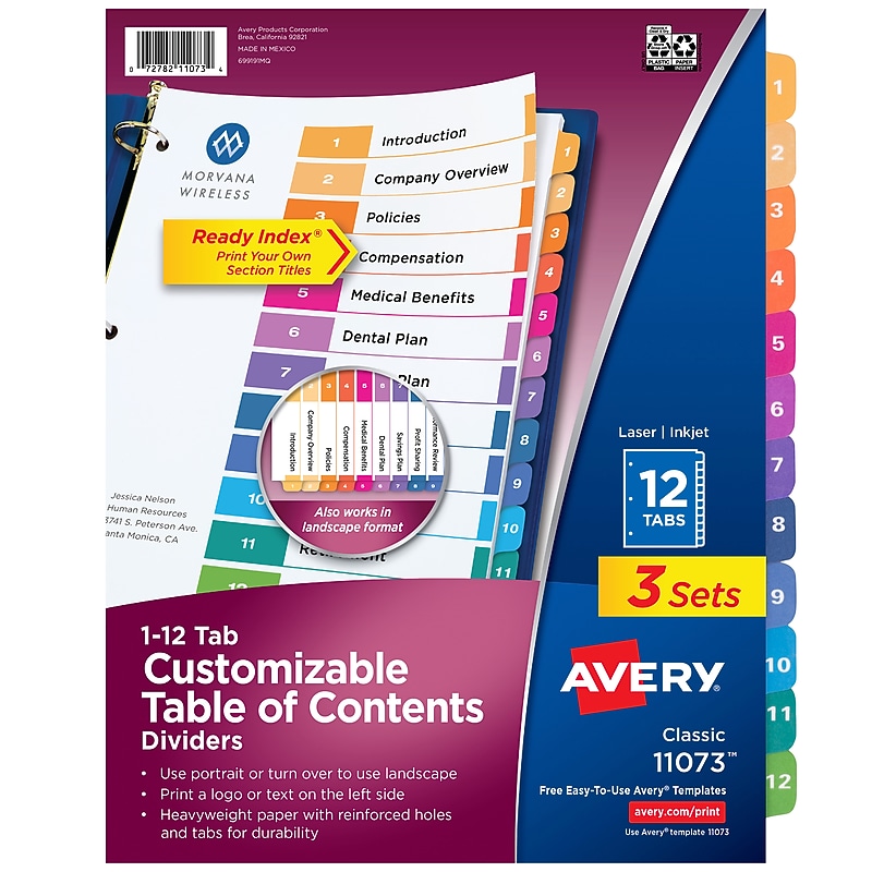 Avery Customizable Table of Contents Dividers, 12-Tab, Multicolor, 3 Sets/Pack (11073) image 1