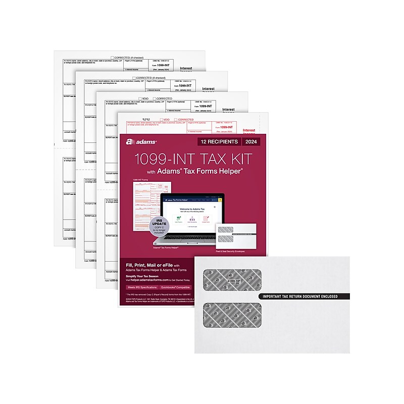 Adams 2024 1099-INT Tax Form with Self-Seal Envelope, 4-Part, 2-Up, Copy A, 1, B, 2, 12/Pack image 1