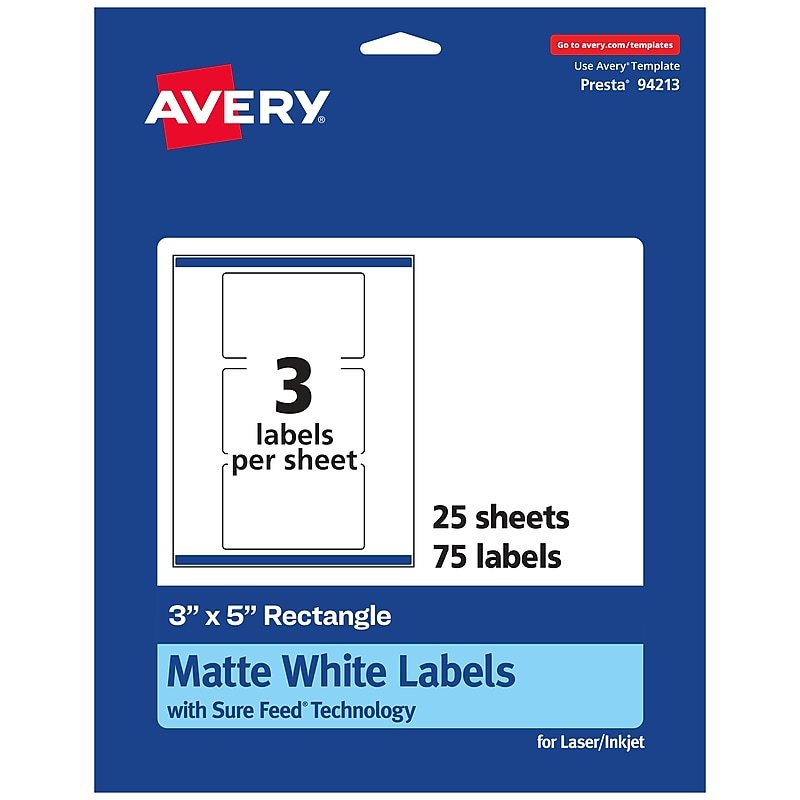 Avery Laser/Inkjet Rectangle Multipurpose Labels, 3" x 5", White, 75 Labels/Pack (94213) image 1