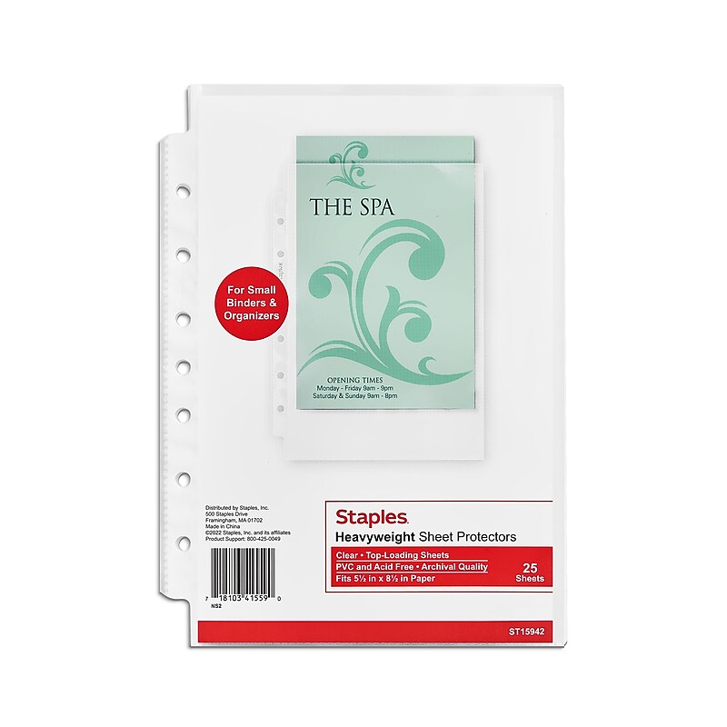 Staples Heavyweight Sheet Protector, 5.5" x 8.5", Clear, 25/Pack (15942) image 1