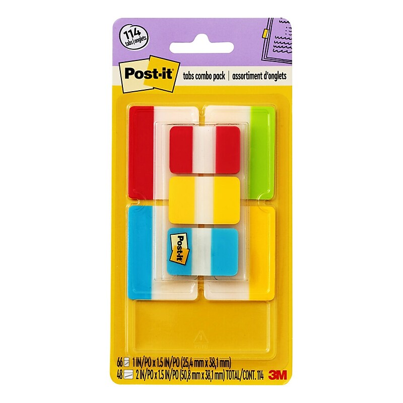 Post-it Tabs Value Pack, 1" Wide and 2" Wide, Assorted Colors, 114 Tabs/Pack (686-VAD2) image 1