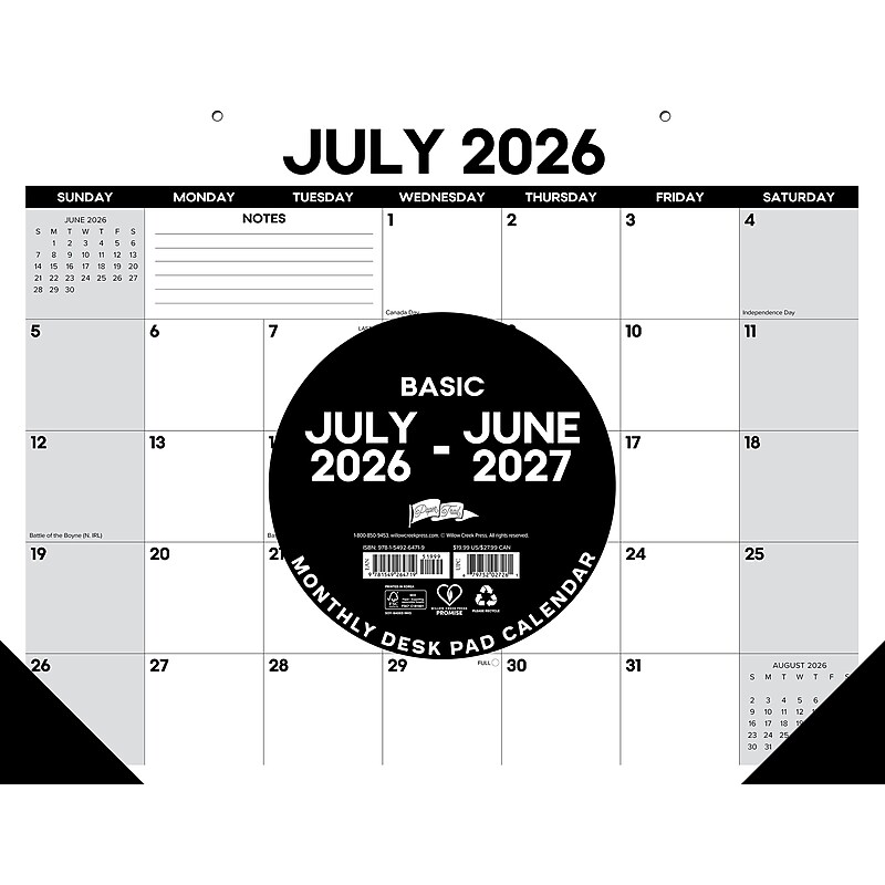 2026-2027 Willow Creek Basic 22" x 17" Academic Monthly Desk Pad Calendar, Black/White (64719) image 1
