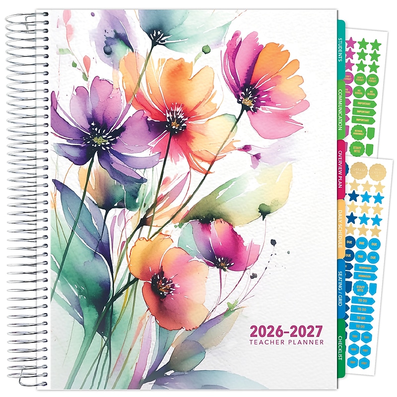 2026-2027 Excello Brands 8.5" x 11" Academic Weekly & Monthly Teacher Planner, Paperboard Cover, Rainbow Floral (DTP-AY26-0053) image 1