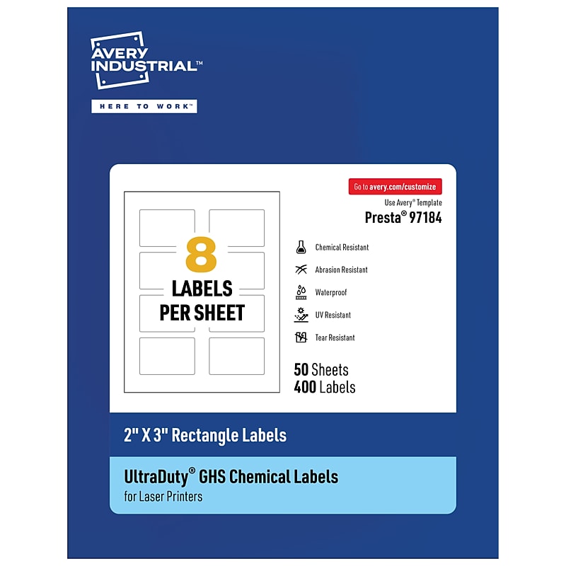 Avery Laser UltraDuty GHS Labels, 2" x 3", White, 400 Labels/Box (97184) image 1