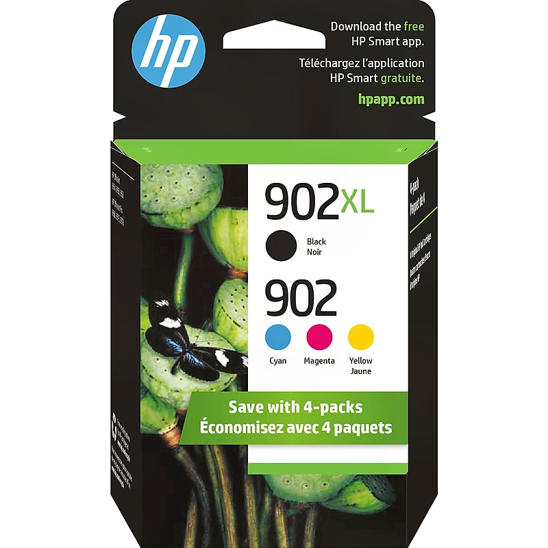 HP 902XL/902 Black High Yield and Cyan/Magenta/Yellow Standard Yield Ink Cartridge, 4/Pack (T0A39AN#140) image 1