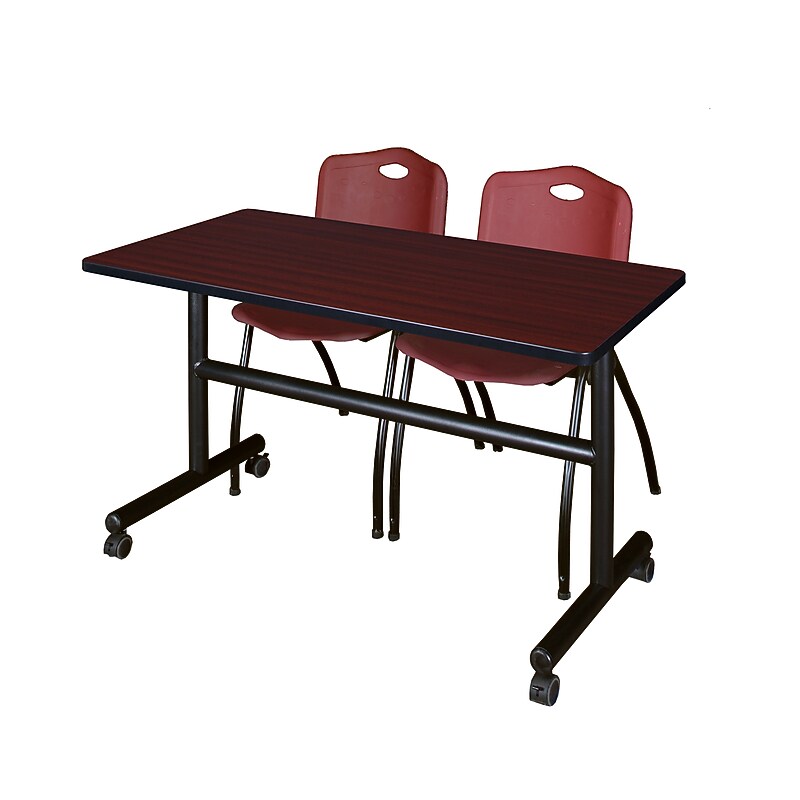 Regency Kobe 48" Flip Top Mobile Training Table- Mahogany & 2 'M' Stack Chairs- Burgundy image 1