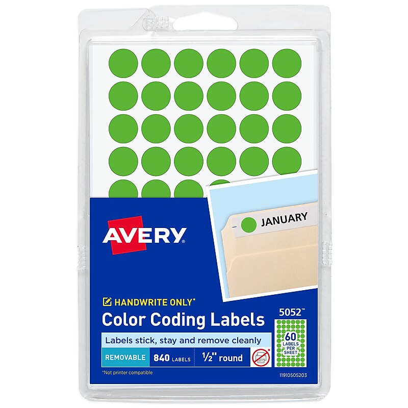 Avery Color-Coding Labels, 1/2 " Dia, Neon Green, Non-Printable, 840 Labels/Pack (5052) image 1