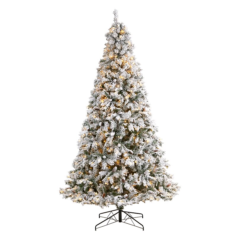 Nearly Natural 9' Flocked White River Mountain Pine Artificial Christmas Tree with Pinecones and 650 Clear LED Lights (T3384) image 1