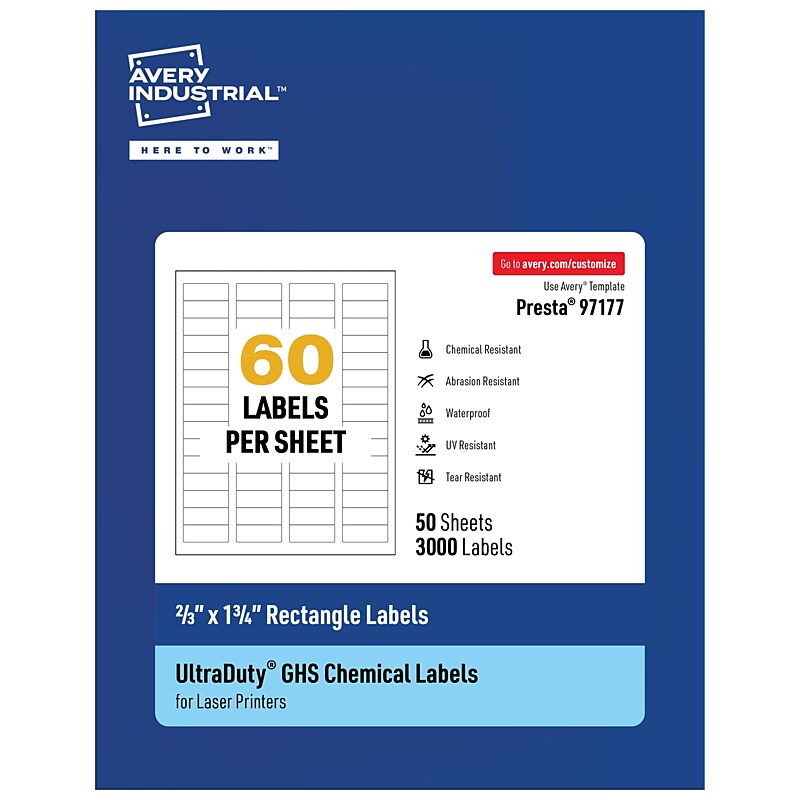 Avery Laser UltraDuty GHS Labels, 2/3" x 1-3/4", White, 3000 Labels/Box (97177) image 1