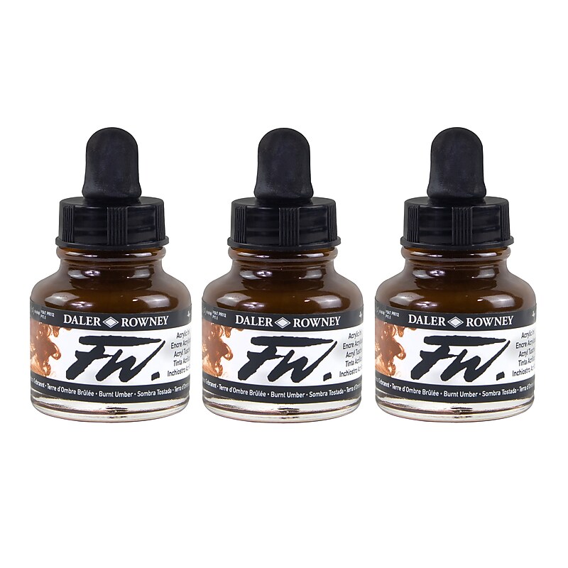 Daler-Rowney FW Acrylic Ink, Burnt Umber, 29.5ml, Pack of 3 (DRW160029223-3) image 1