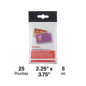 Staples Thermal Laminating Pouches, Business Card, 5 Mil, 25/Pack (17470/ST17470)