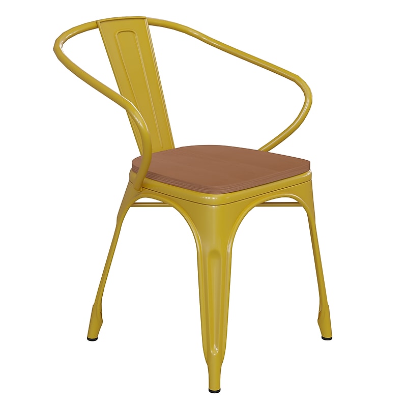 Flash Furniture Luna Indoor-Outdoor Chair with Arms, Yellow with Teak Seat (CH31270YLPL1T) image 1