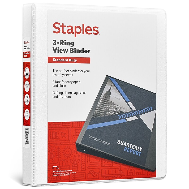 Staples 1" 3-Ring View Binder, D-Ring, White (55406/26432) image 1
