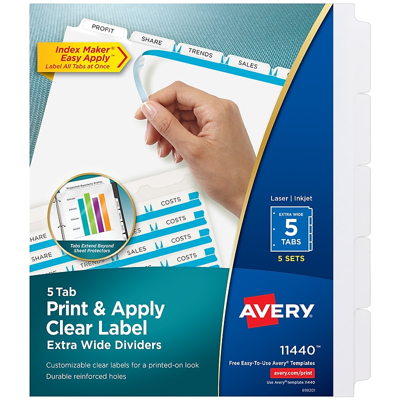 Avery Index Maker Extra-Wide Paper Dividers with Print & Apply Label Sheets, 5 Tabs, White, 5 Sets/Pack (AVE11440) image 1