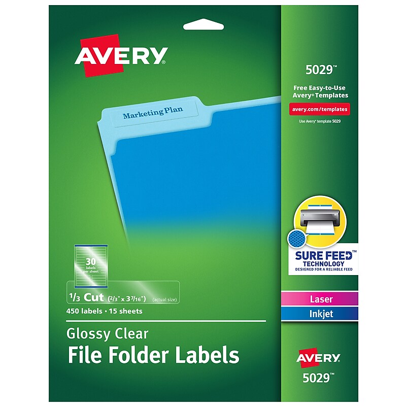 Avery Sure Feed Laser/Inkjet File Folder Labels, 2/3" x 3-7/16", Glossy Clear, 450 Labels/Pack (5029) image 1