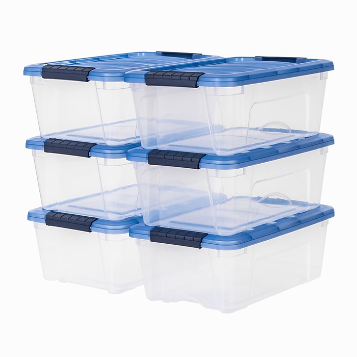 Iris Stack & Pull 12 Qt. Snap Lid Storage Boxes, Clear/Navy, 6